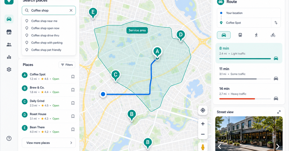 HVAC analytics proof showing service area heatmap, weather demand overlay, equipment age indicators, and technician routing view.